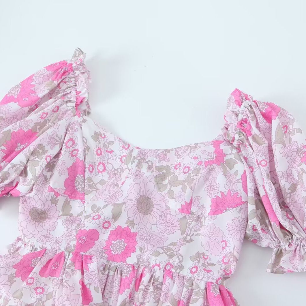 Pink Floral Puff Sleeve Midi Dress KUN-00026