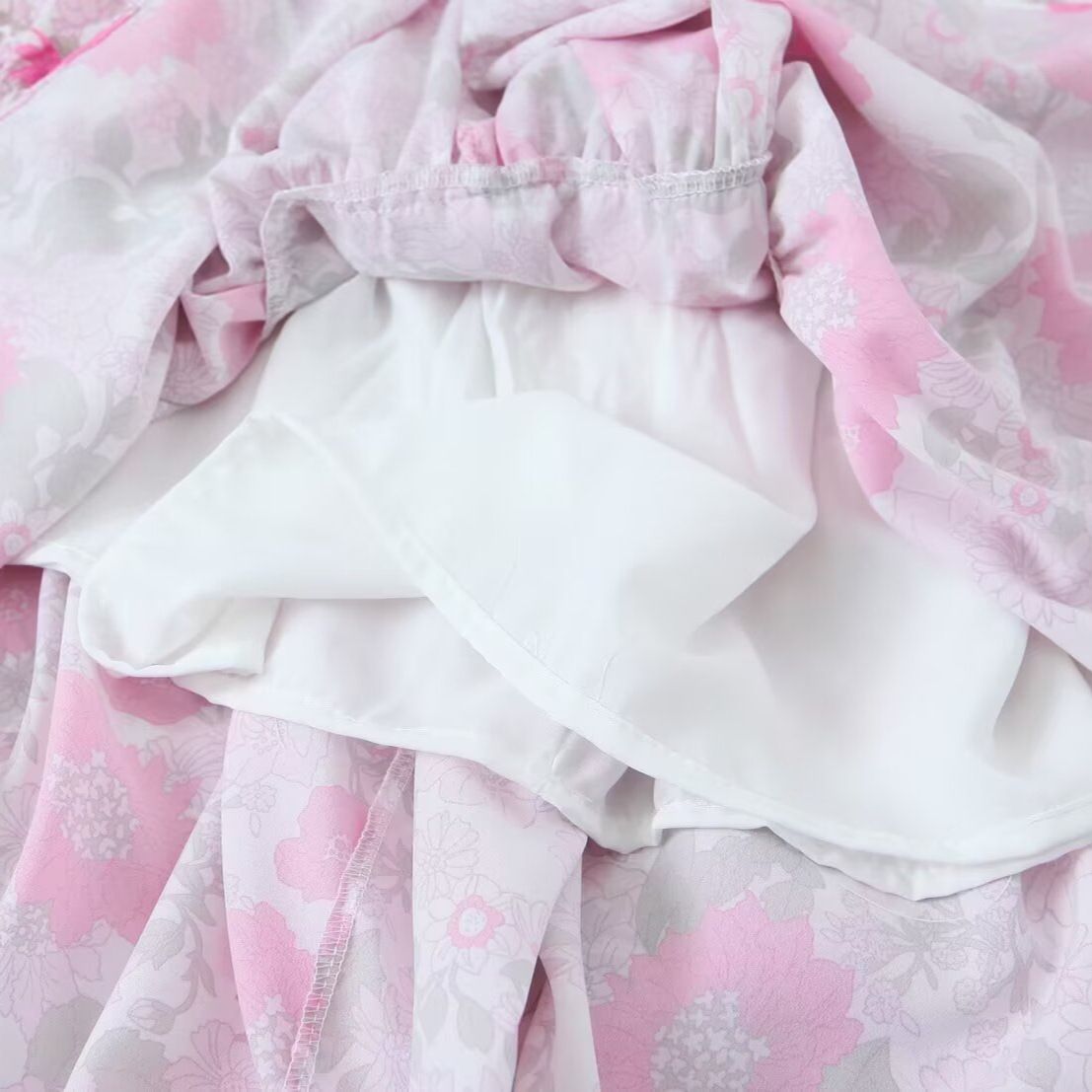 Pink Floral Puff Sleeve Midi Dress KUN-00026