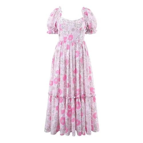 Pink Floral Puff Sleeve Midi Dress KUN-00026