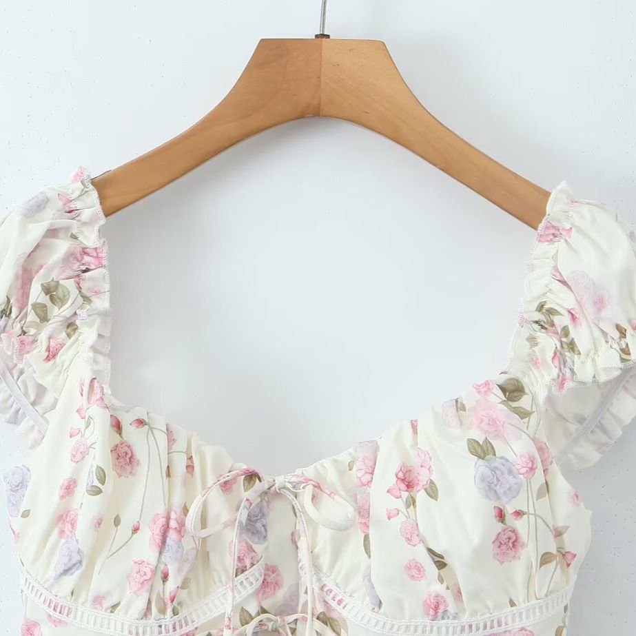 Top à nouer sur le devant à imprimé floral - Style français vintage KUN-00037