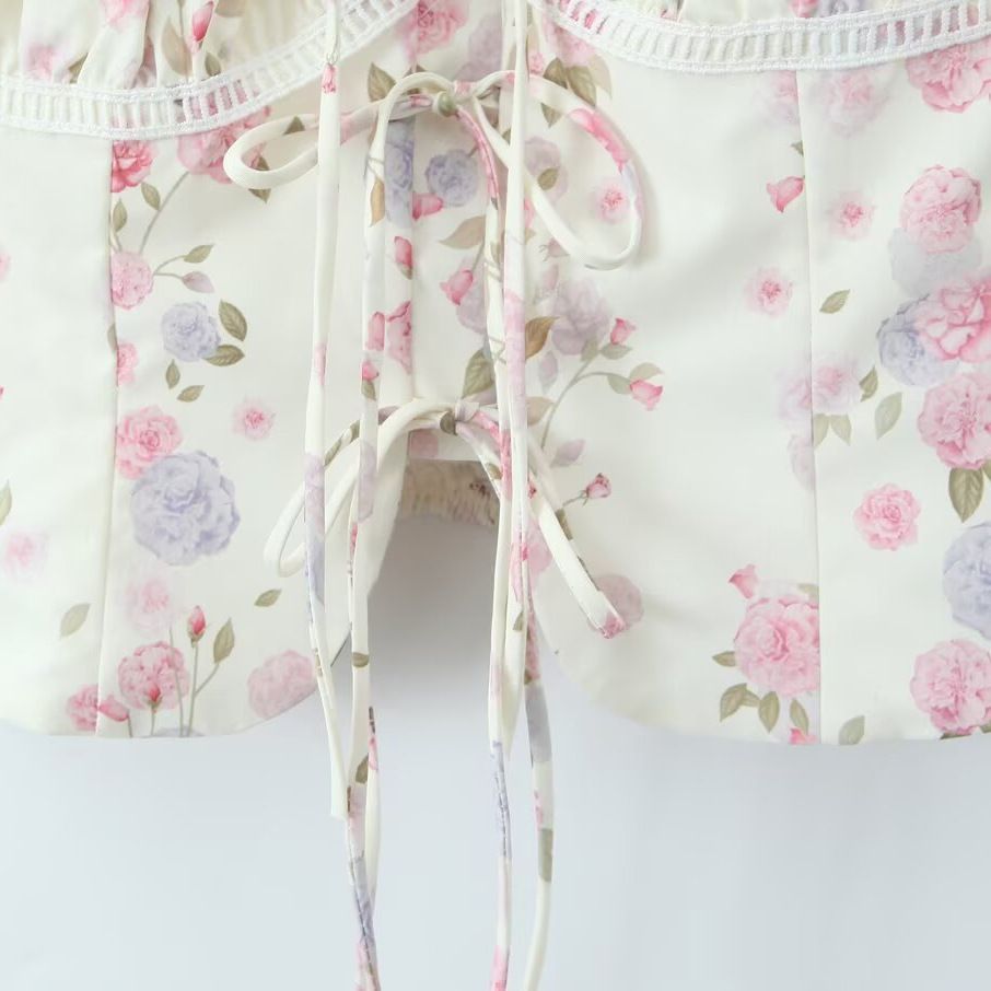 Top à nouer sur le devant à imprimé floral - Style français vintage KUN-00037