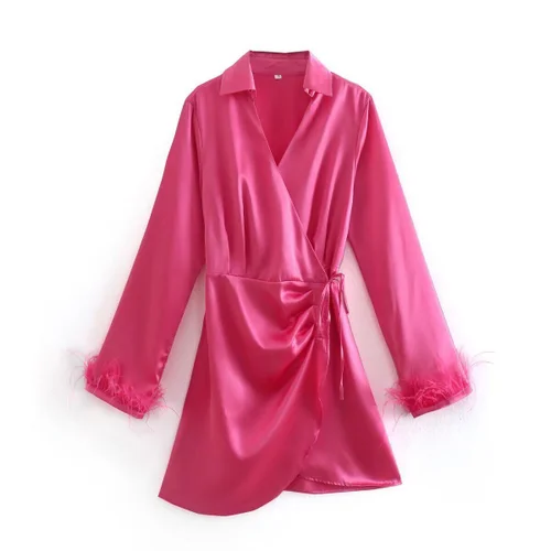 Feather Trim Mini Dress - Rose Pink KUN-00015