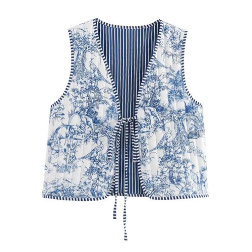 Women's Vest - Stylish Floral Print Tie Waist Sleeveless Top KUN-00019