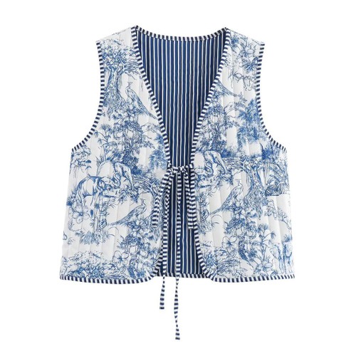 Damesvest - Stijlvolle mouwloze top met bloemenprint en strikceintuur KUN-00019