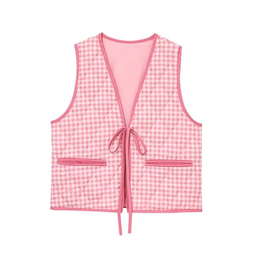 Women's Plaid Vest with Drawstring Pockets KUN-00005