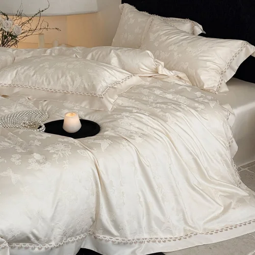 Set di biancheria da letto di lusso in jacquard floreale a 4 pezzi con bordo smerlato