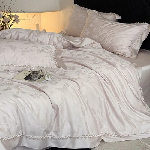 Ensemble de literie 4 pièces de luxe en jacquard floral avec bordure festonnée
