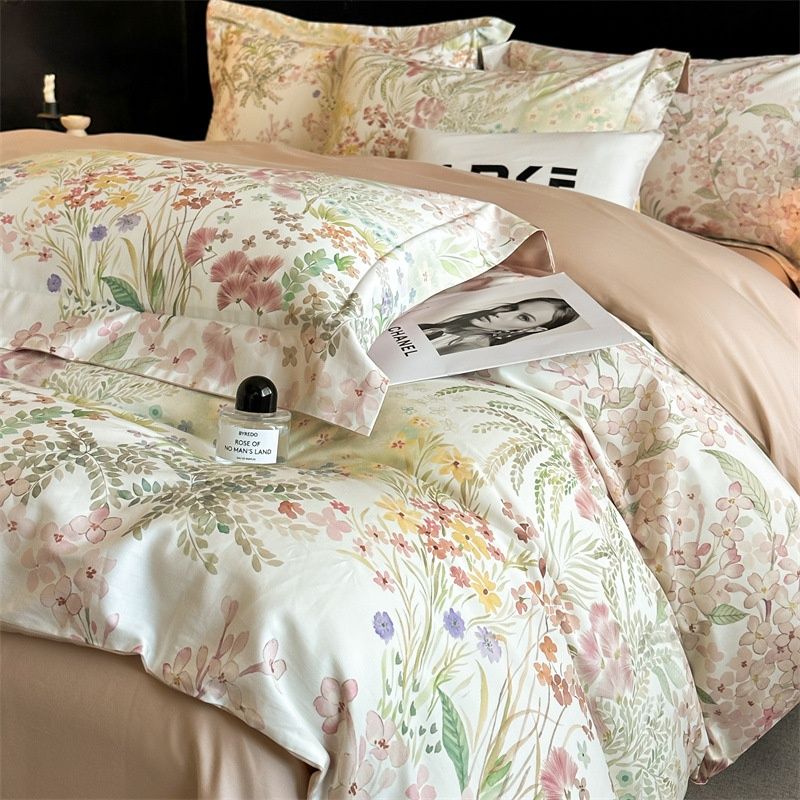 Premium Cotton Floral Print 4-Piece Bedding Set - Soft Botanical Duvet Cover