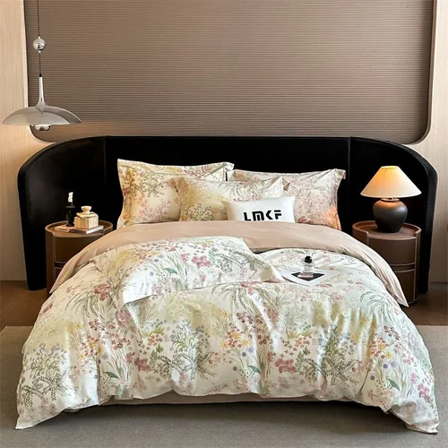 Parure de lit 4 pièces en coton premium à imprimé floral - Housse de couette douce à motifs botaniques