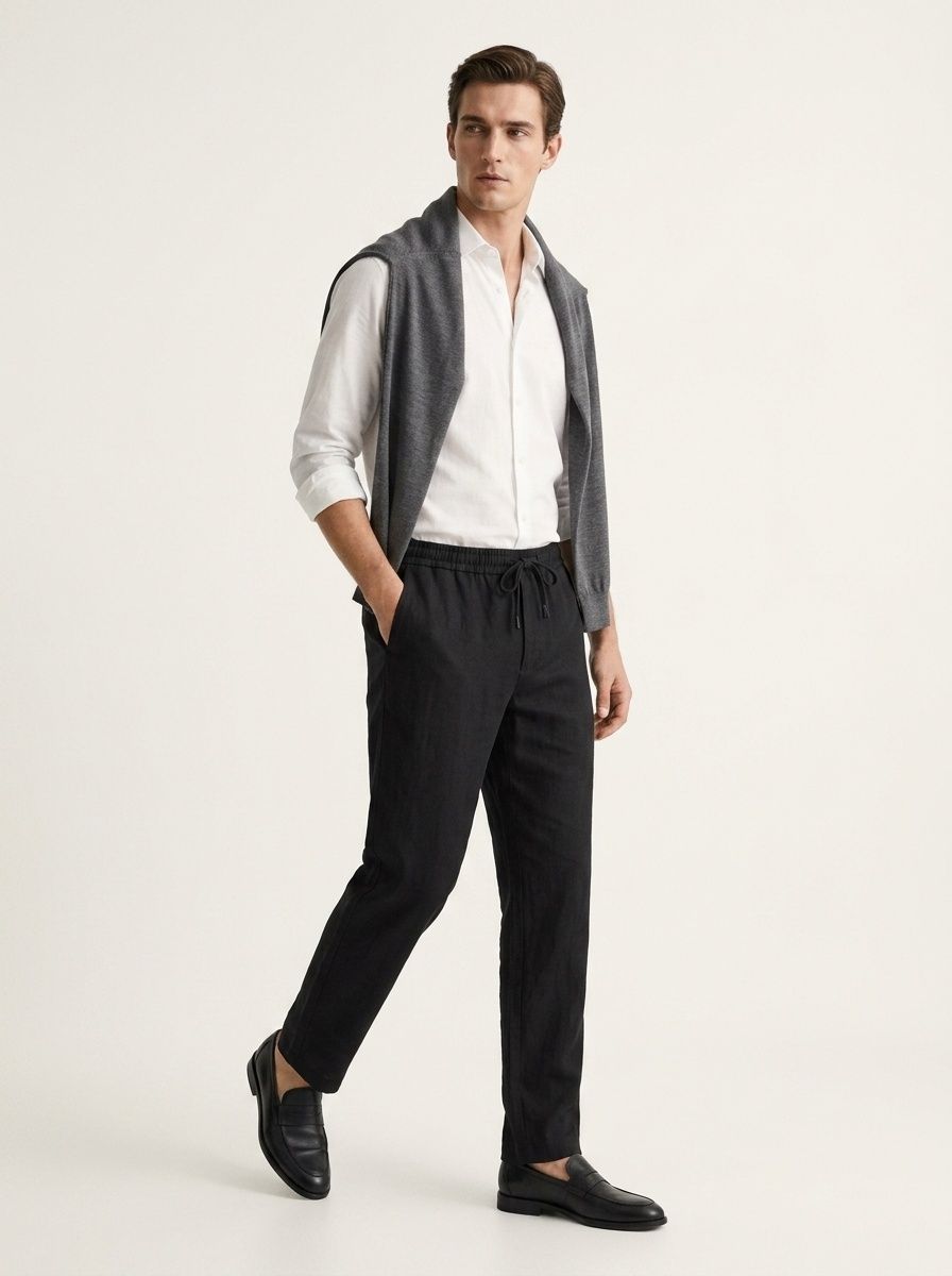 Pantaloni dritti da donna casual in misto lyocell e lino con elastico in vita.