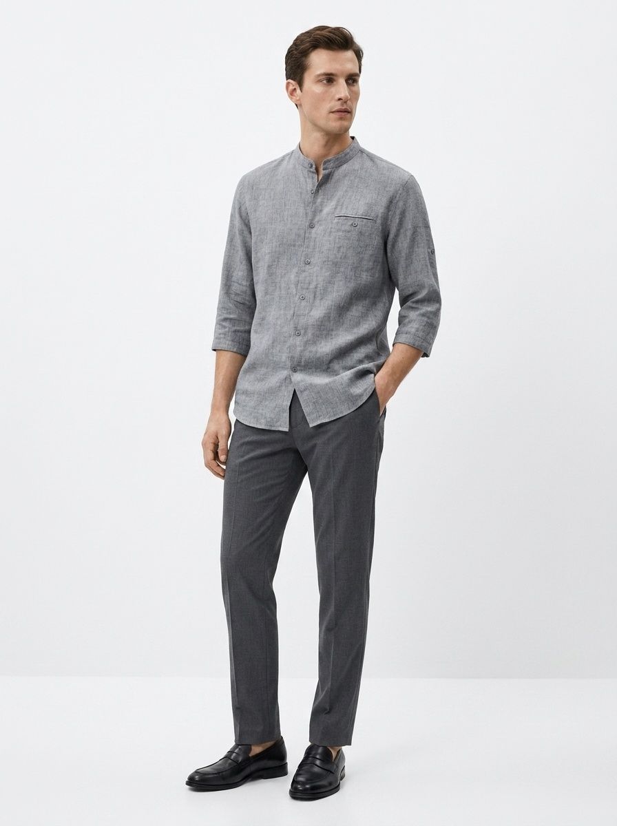 Camicia da uomo in misto 42% lino con colletto alla coreana - Maniche a 3/4 casual