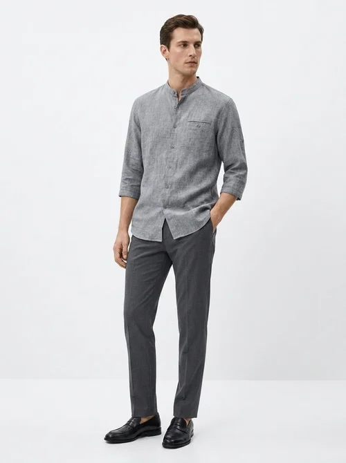 Camicia da uomo in misto 42% lino con colletto alla coreana - Maniche a 3/4 casual