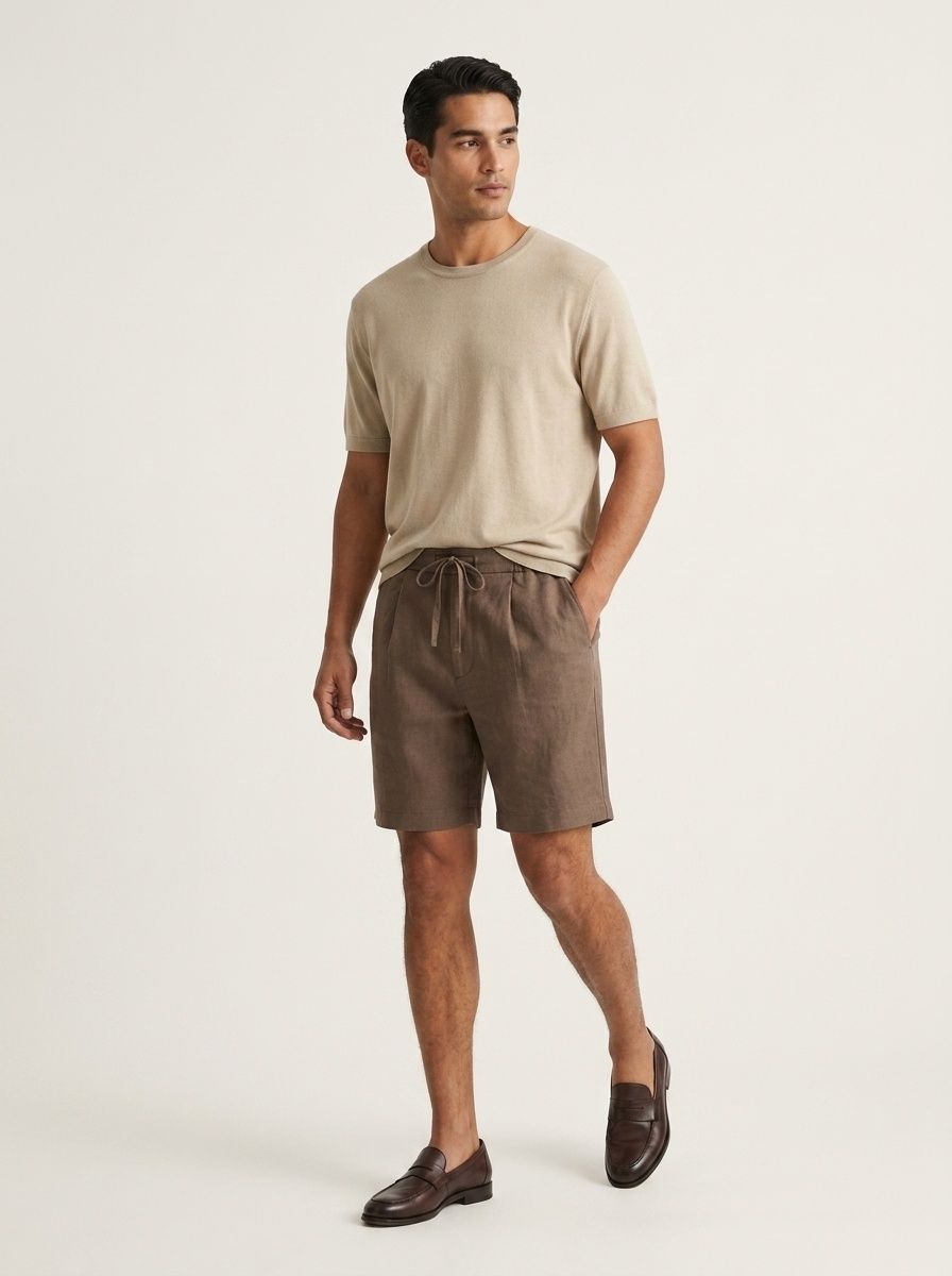 Short homme en mélange 70 % lyocell et 30 % lin, avec cordon de serrage - Confort décontracté pour l'été