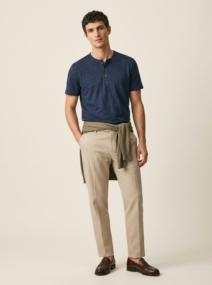 T-shirt Henley da uomo casual in maglia slub 95% cotone 5% lino - Maniche corte in cotone e lino