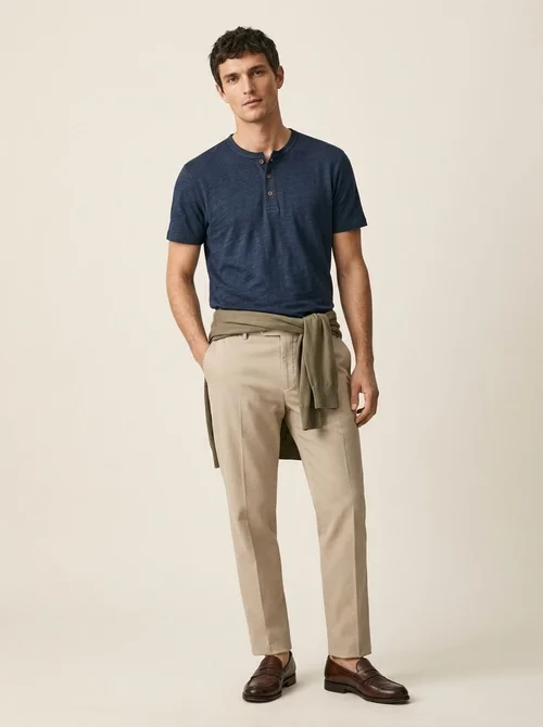 T-shirt Henley da uomo casual in maglia slub 95% cotone 5% lino - Maniche corte in cotone e lino