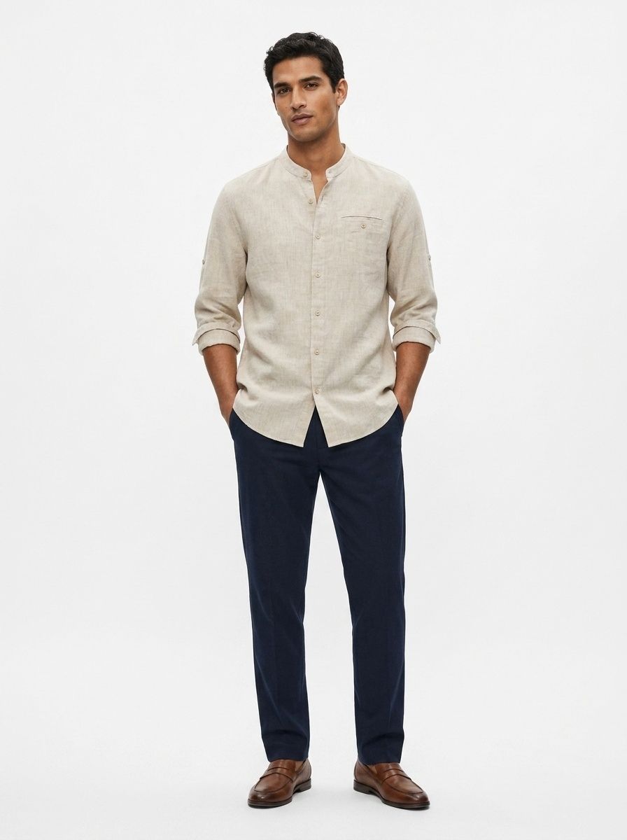 Camicia da uomo a maniche a 3/4 con colletto alla coreana, 100% lino