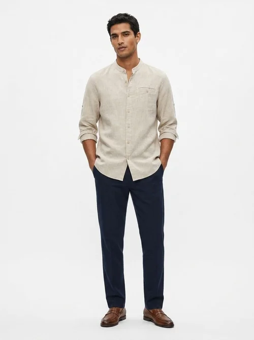 Camicia da uomo a maniche a 3/4 con colletto alla coreana, 100% lino