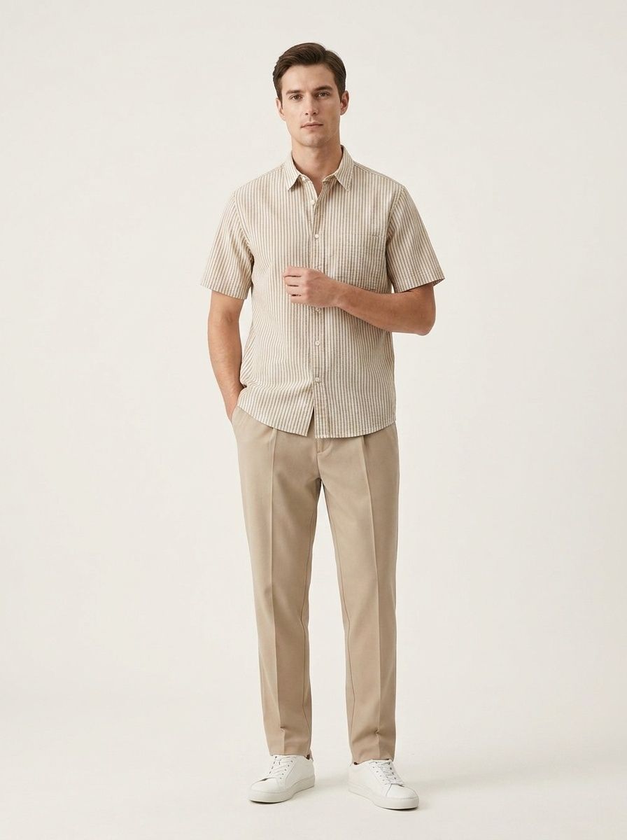 Camicia da uomo casual a maniche corte a righe, 100% cotone lavato, con bottoni.