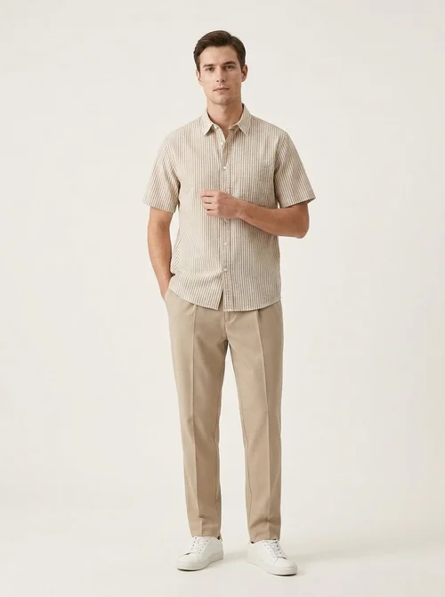 Camicia da uomo casual a maniche corte a righe, 100% cotone lavato, con bottoni.