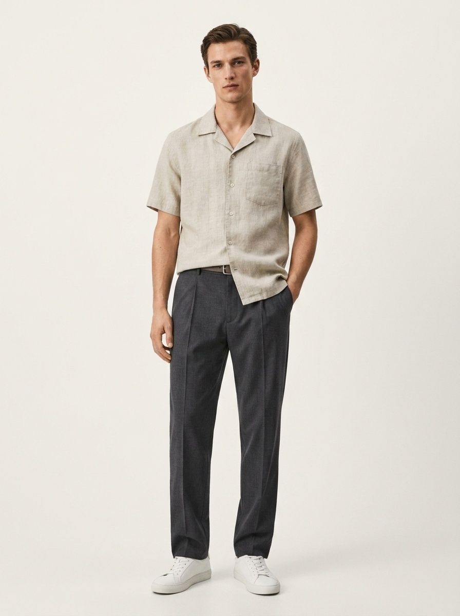 Camicia da uomo 100% lino con colletto cubano, maniche corte, casual, con bottoni.