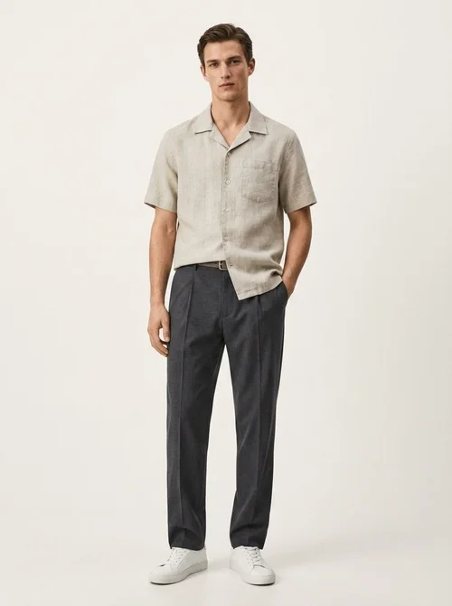 Camicia da uomo 100% lino con colletto cubano, maniche corte, casual, con bottoni.