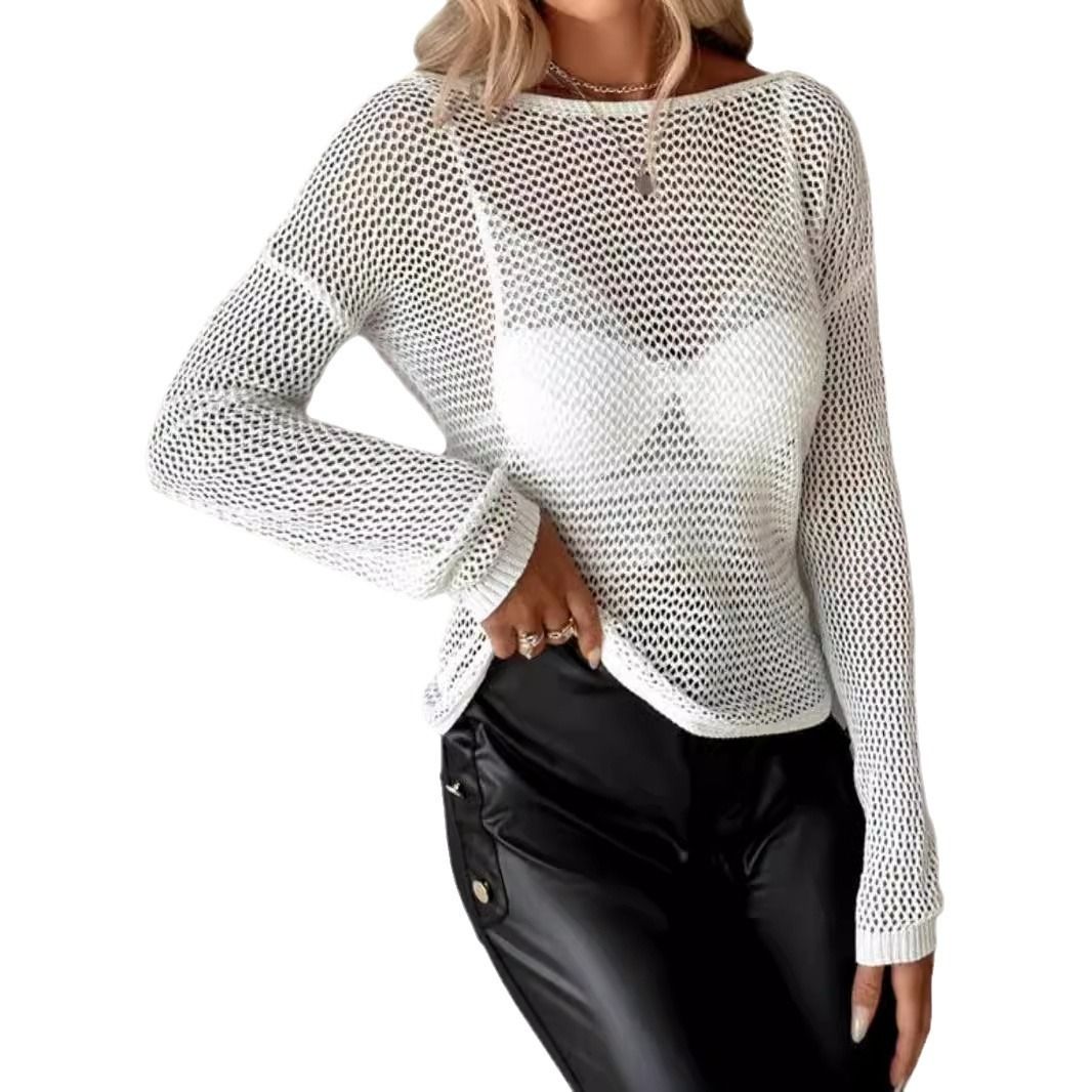 Women's Knit Sweater Backless Long Sleeve Pullover Top Hollow Out SSU-00006