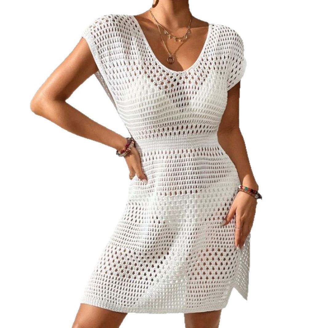 Knitted Sleeveless Tank Dress - Summer Hollow Out Solid Color