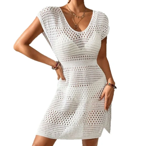 Knitted Sleeveless Tank Dress - Summer Hollow Out Solid Color