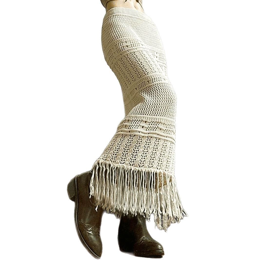 Knitted Midi Skirt Women's Summer Crochet Tassel Skirt