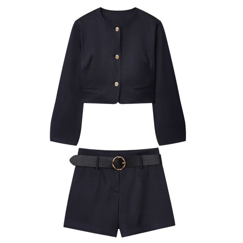 Conjunto de blazer y pantalón corto con cinturón y botones dorados, traje informal KUN-00012