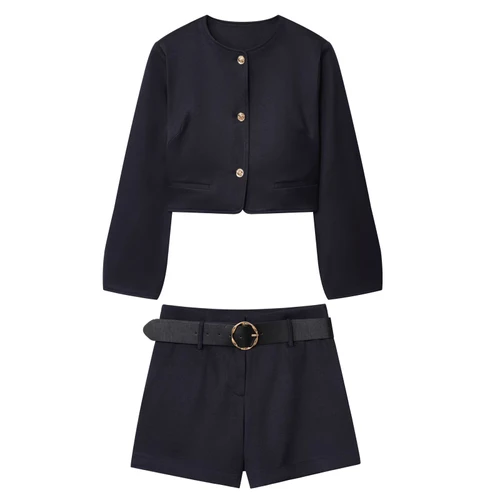 Blazer Shorts Set Gold Button Belted Casual Suit KUN-00012