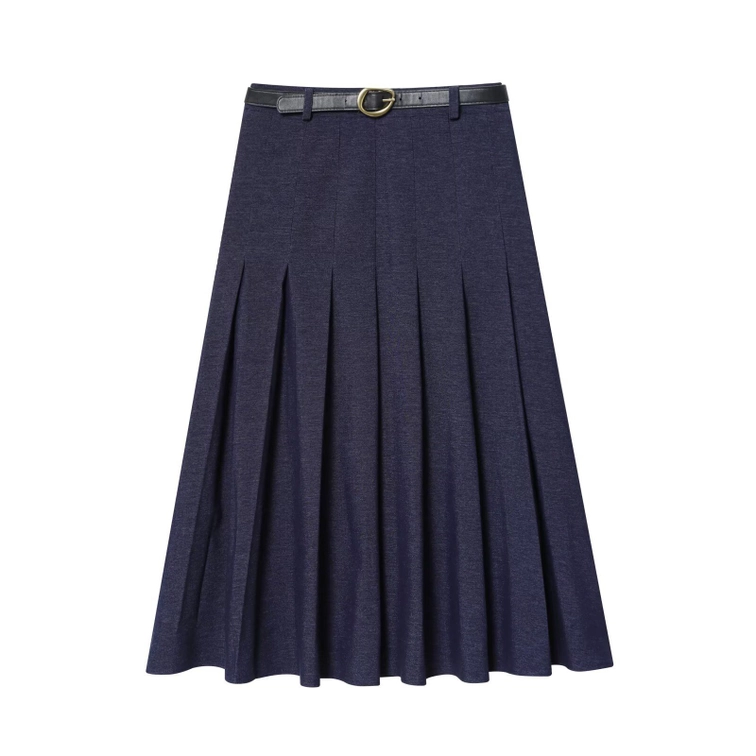 Denim Pleated Midi Skirt with Belt KUN-00007