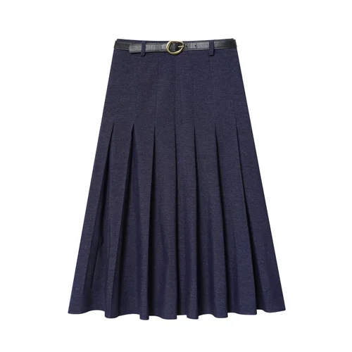Denim Pleated Midi Skirt with Belt KUN-00007