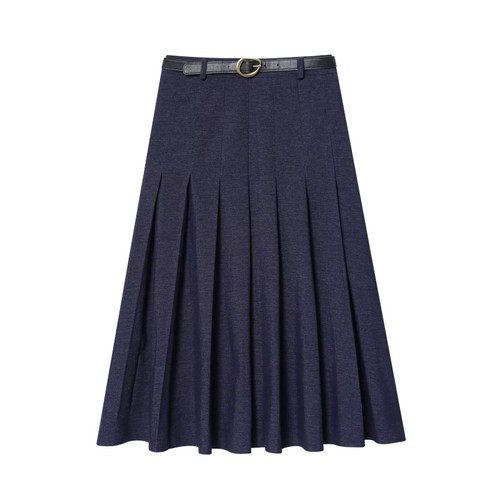 Denim Pleated Midi Skirt with Belt KUN-00007