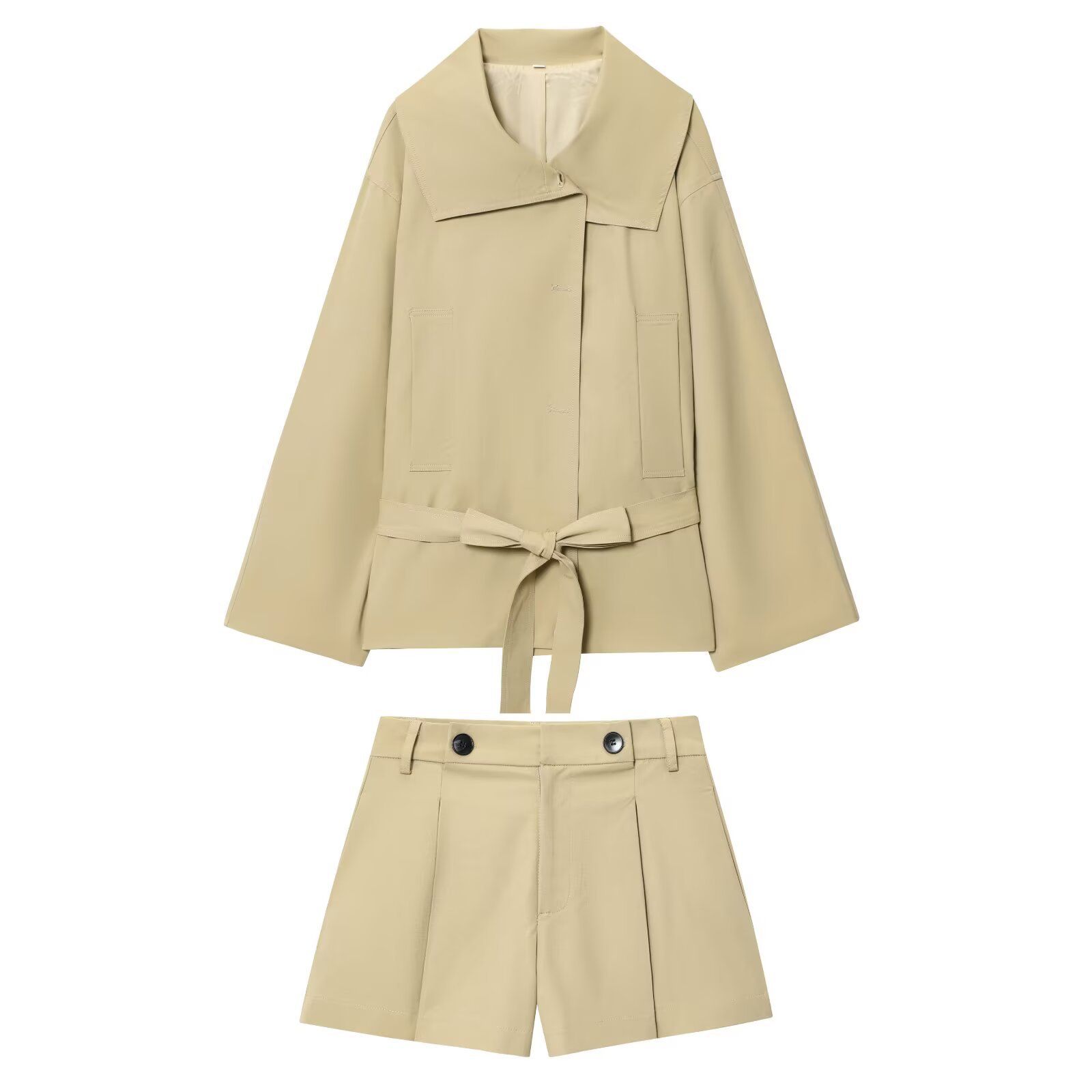 Women's Trench Coat & Pleated Shorts Set with Belt KUN-00010