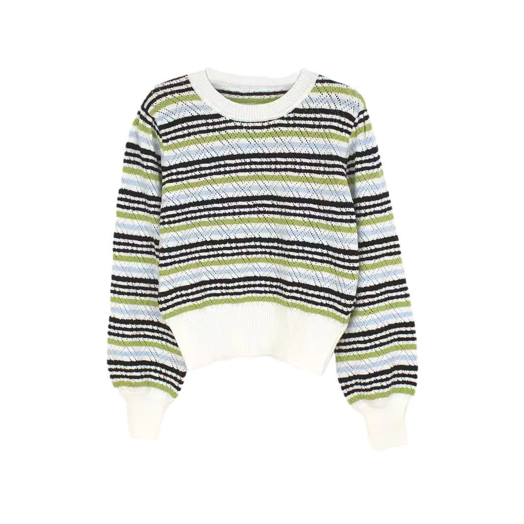 Women's Striped Knit Sweater Long Sleeve Crewneck Autumn Winter SSU-00004
