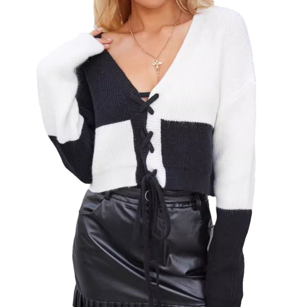 Women's Long Sleeve V-Neck Knit Cardigan with Tie