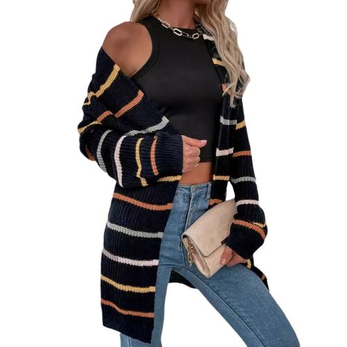 Cardigan da donna a righe in maglia - Maniche lunghe, aperto sul davanti SSU-00102