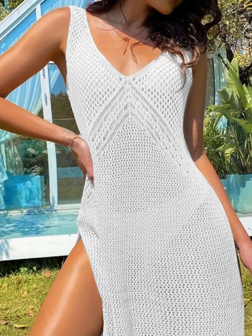 Sleeveless V-Neck Hollow Out Sundress Beach Vacation Summer Dress
