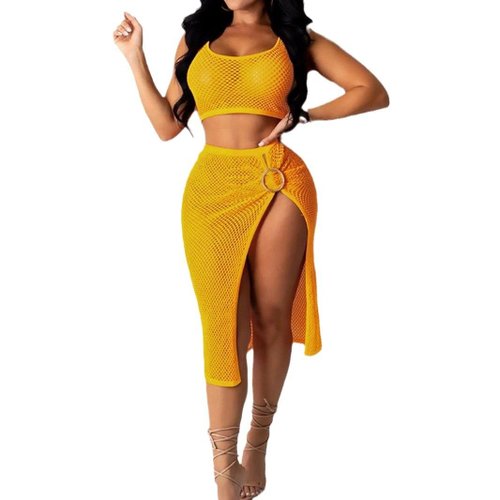 Gebreide/gehaakte crop top/vest + maxi rok set strandkleding SSU-00005