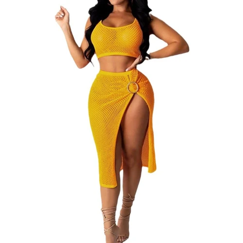 Knitted Crochet Crop Top Vest + Maxi Skirt Set Beachwear SSU-00005