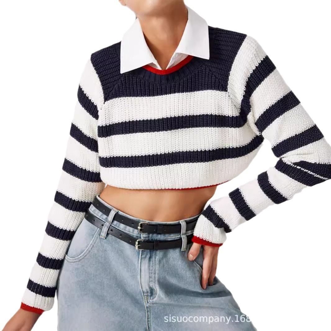 Knit Sweater Women Crewneck Striped Long Sleeve Spring Autumn SSU-00105