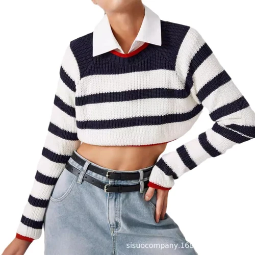 Knit Sweater Women Crewneck Striped Long Sleeve Spring Autumn SSU-00105
