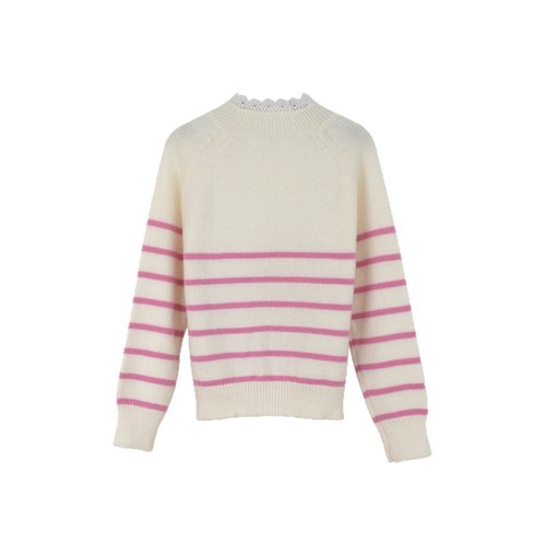 Gestreifter Strickpullover mit Spitzeneinsatz, Langarmshirt SSU-00073