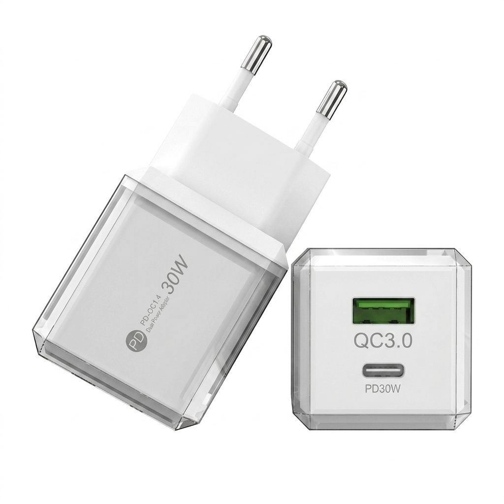 30W Dual Port USB-C and USB-A Fast Charger, Transparent Casing