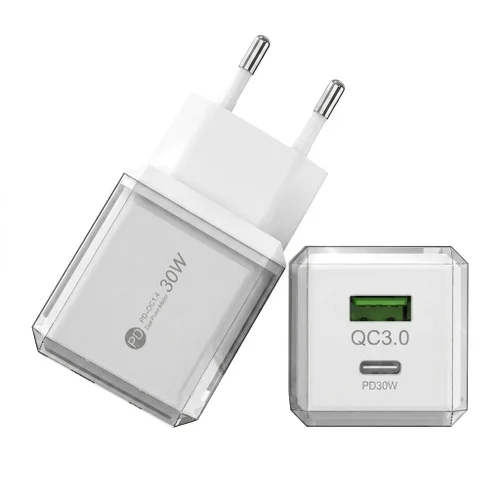 30W Dual Port USB-C and USB-A Fast Charger, Transparent Casing