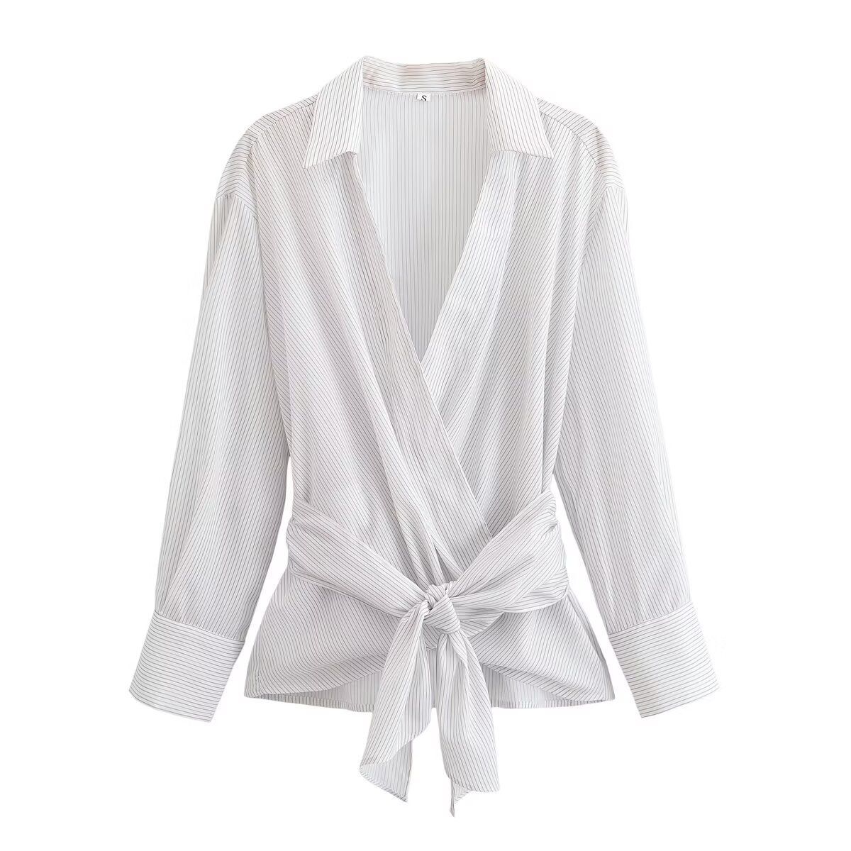 Striped Tie-Waist Blouse - European Style KUN-00112