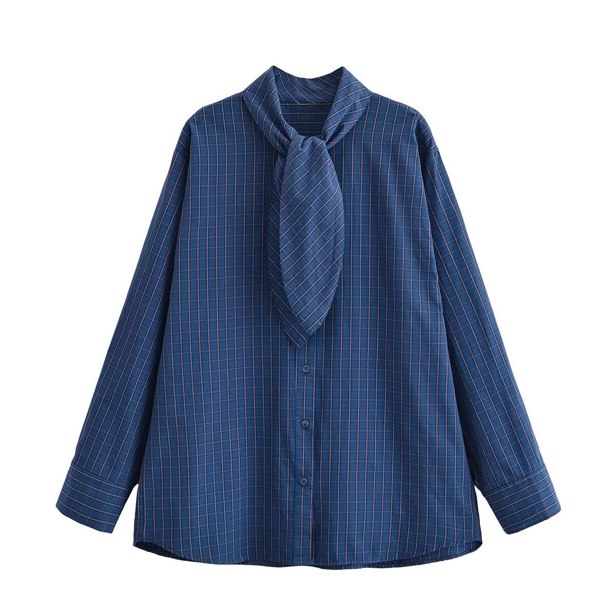 Gingham Scarf Shirt - Trendy European Style Blouse KUN-00113
