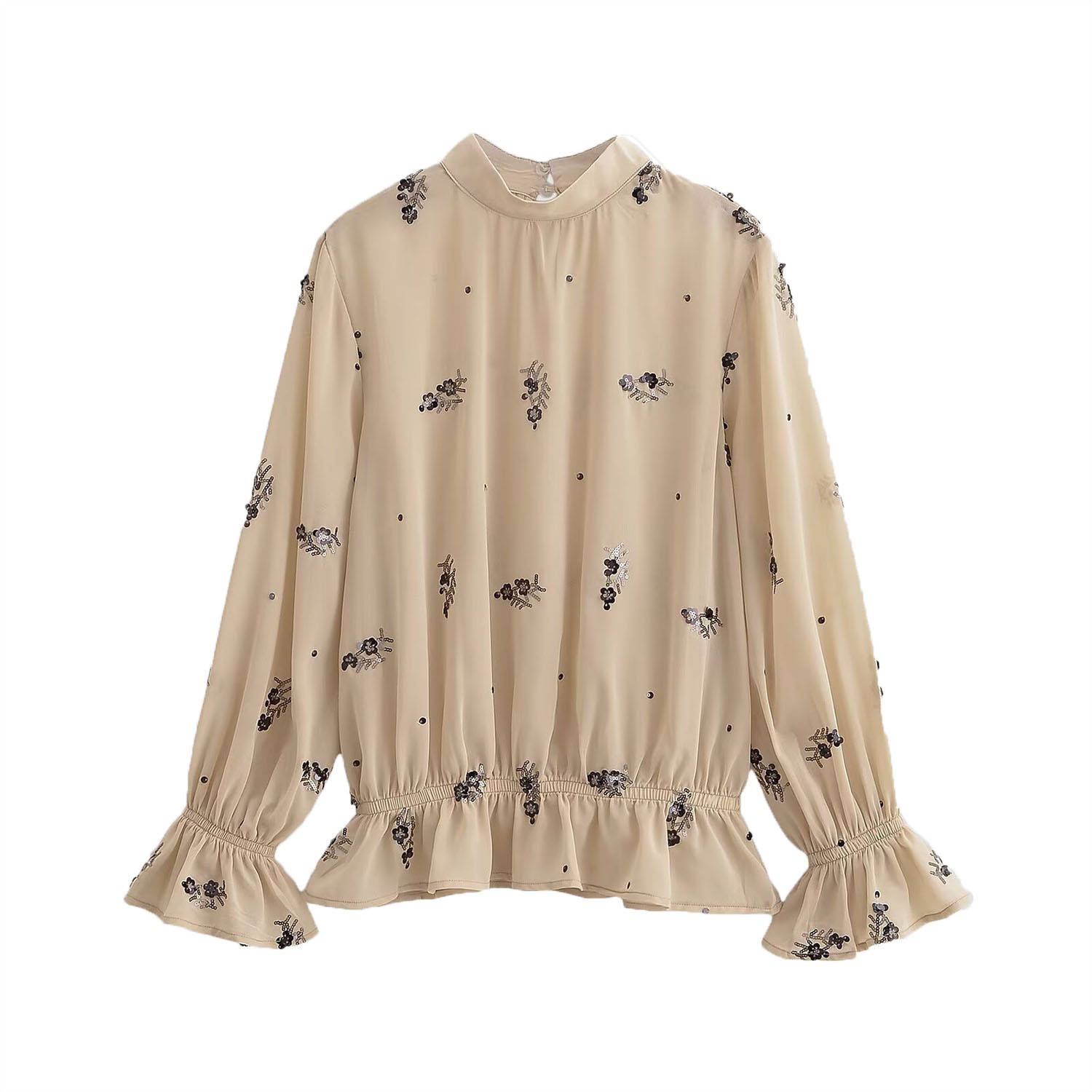 Blusa elegante con lentejuelas y flores para mujer, cuello alto, KUN-00045