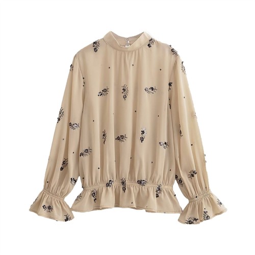 Women's Floral Sequin Blouse Elegant Stand Collar Top KUN-00045